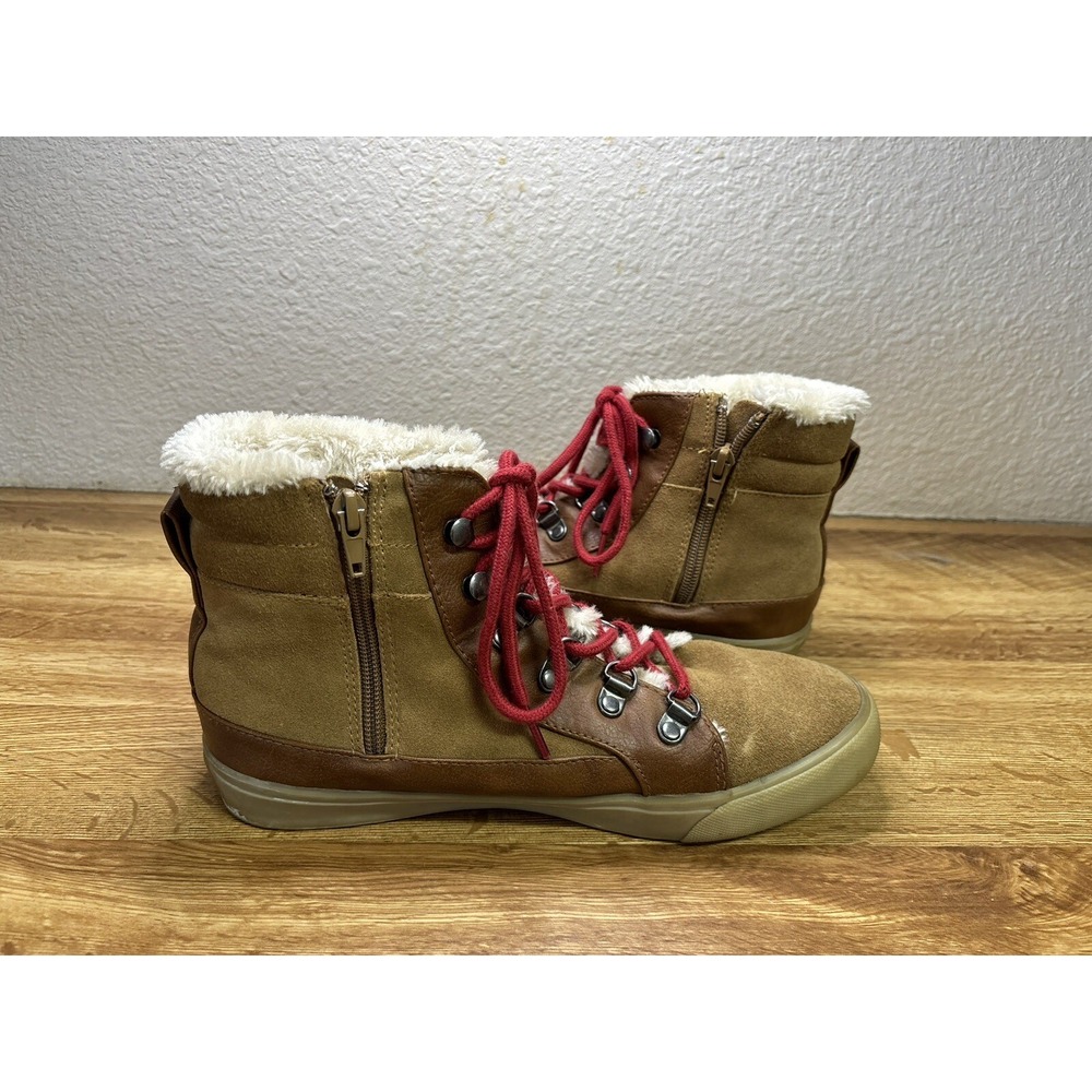 American Eagle Boots Womens 9 Brown Leather Lace Up Zip Up Faux Fur Lined